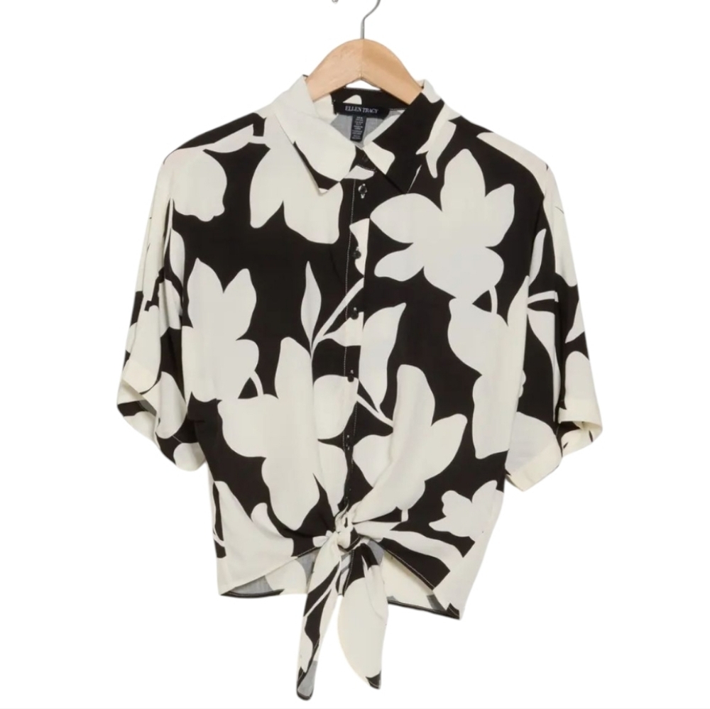 Ellen Tracy Black And White Floral Tie Hem Top With Dolman Sleeves